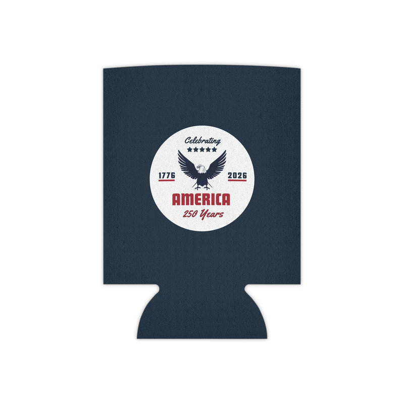 Navy blue can cooler with a white circular design featuring an eagle and America 250 years text on a white background.
