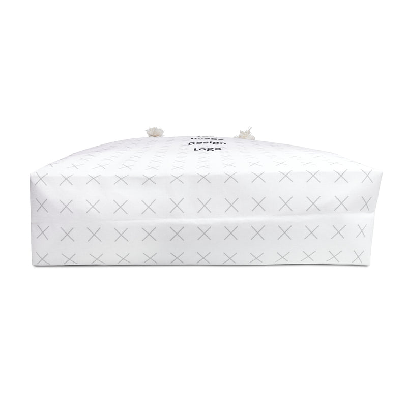 Bottom of a customizable white weekender tote bag with "your image or design" placeholder on a white background.