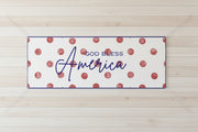 Patriotic “God Bless America” matte banner with red polka dot background, 96x36 inches.