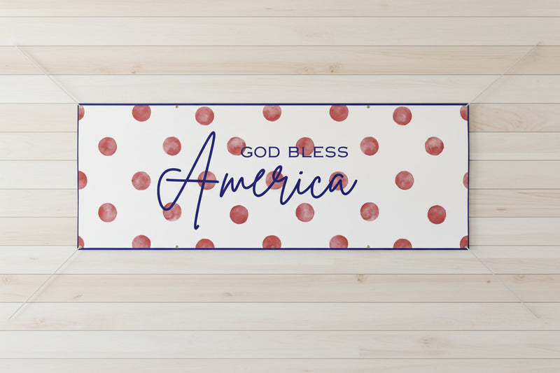 Patriotic “God Bless America” matte banner with red polka dot background, 96x36 inches.