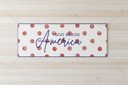 Patriotic “God Bless America” matte banner with red polka dot background, 96x36 inches.