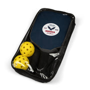 Set of two navy blue pickleball paddles with a white logo that says 'Celebrating America 250 years' packaged with two pickleballs on a white background. 