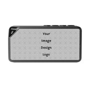 Customizable black Bluetooth speaker on a white background.