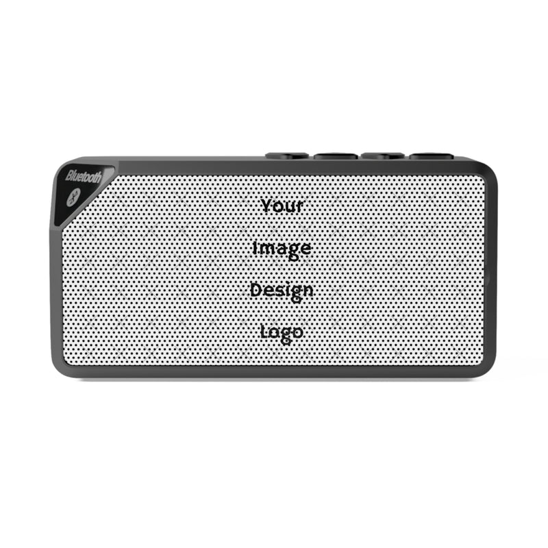 Customizable black Bluetooth speaker on a white background.
