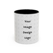 Customizable white and black mug with black interior and "your image or design" placeholder on a white background.