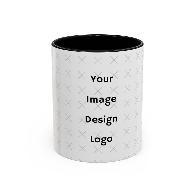 Customizable white and black mug with black interior and "your image or design" placeholder on a white background.
