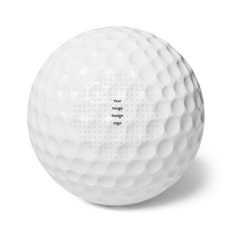 Customizable white golf balls with a "your design or words" placeholder on a white background.