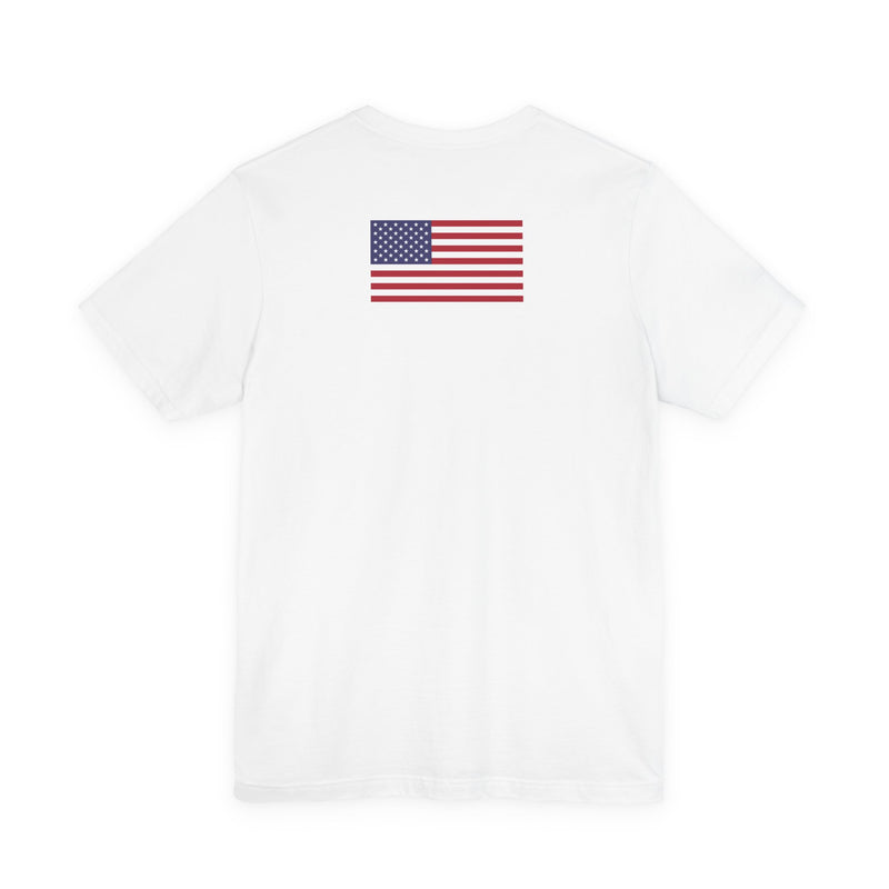 Back of a white t-shirt with an American flag patch on a white background