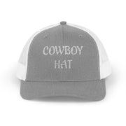 Gray and white  trucker hat with 'Cowboy Hat' text on a white background.