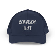 Navy blue  trucker hat with 'Cowboy Hat' text on a white background.