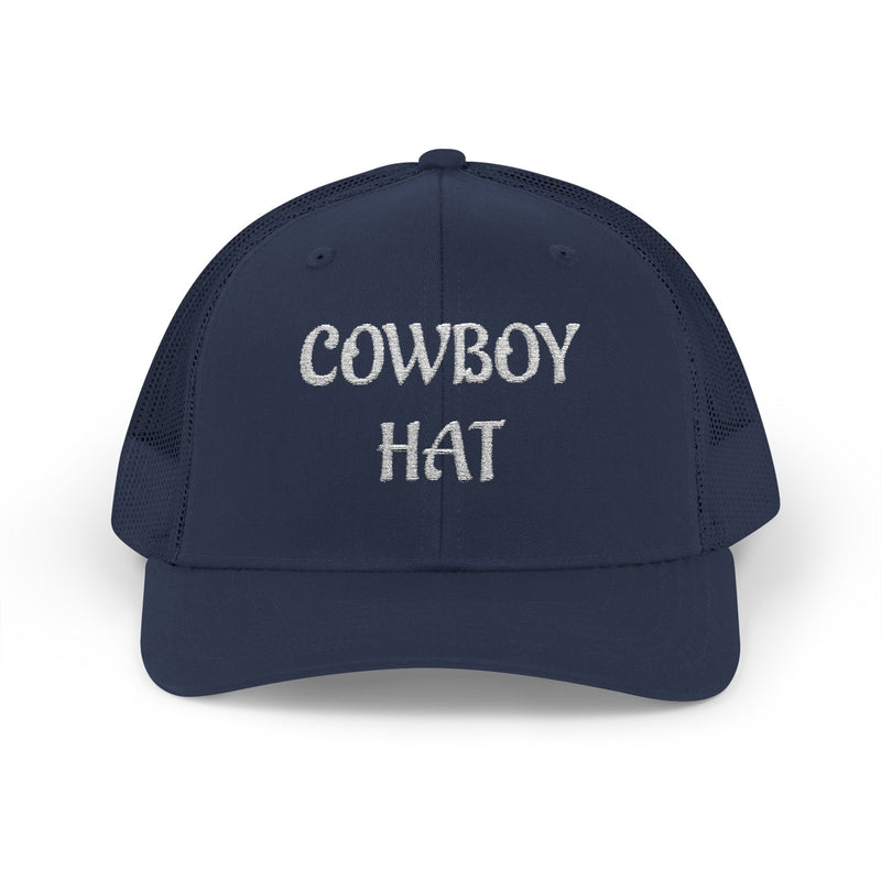 Navy blue  trucker hat with 'Cowboy Hat' text on a white background.