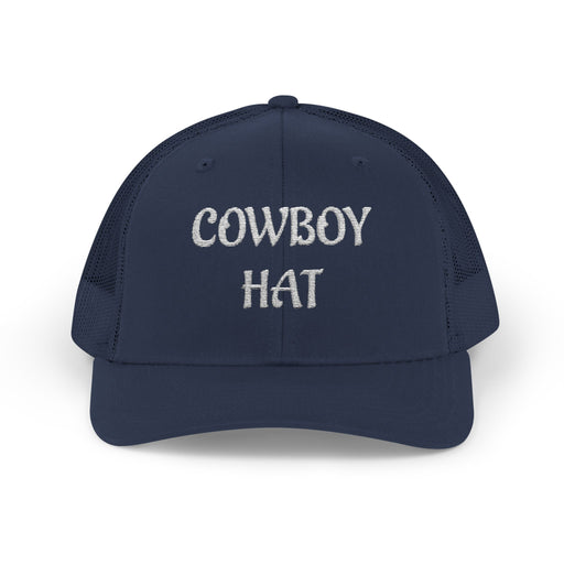 Navy blue  trucker hat with 'Cowboy Hat' text on a white background.