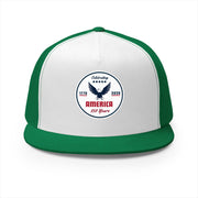 Green and white flat bill trucker cap with a logo 'celebrating America 250 years' on a white background.