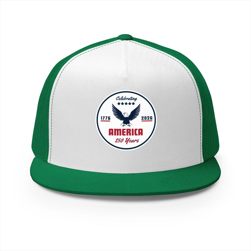 Green and white flat bill trucker cap with a logo 'celebrating America 250 years' on a white background.