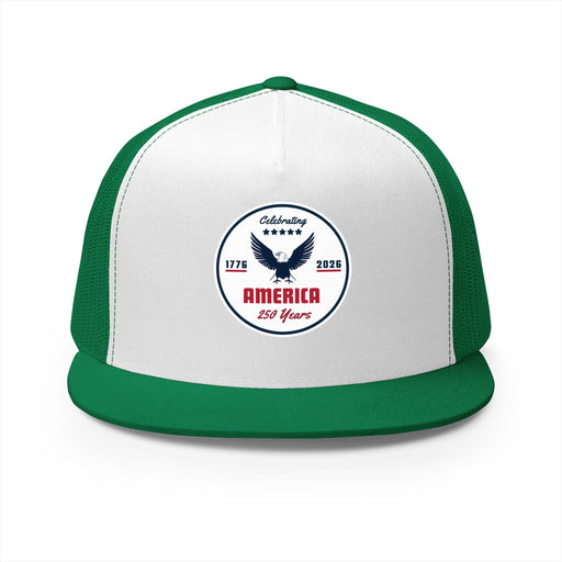 Green and white flat bill trucker cap with a logo 'celebrating America 250 years' on a white background.