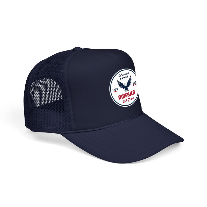 All navy blue trucker hat with 'Celebrating America for 250 Years' design displayed sideways on a white background.