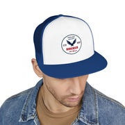 Man wearing a light blue and white flat bill trucker cap with a logo 'celebrating America 250 years' on a white background.