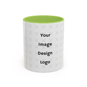 Customizable white mug with green  interior and "your image or design" placeholder on a white background.