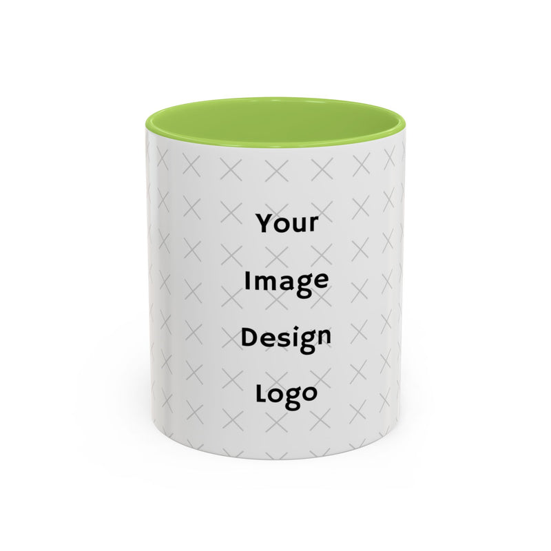 Customizable white mug with green  interior and "your image or design" placeholder on a white background.