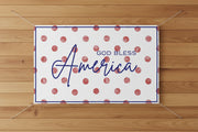 Patriotic “God Bless America” matte banner with red polka dot background, 96x60 inches.
