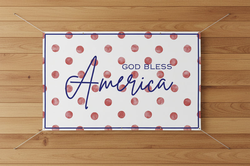 Patriotic “God Bless America” matte banner with red polka dot background, 96x60 inches.
