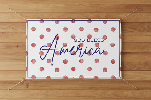 Patriotic “God Bless America” matte banner with red polka dot background, 96x60 inches.
