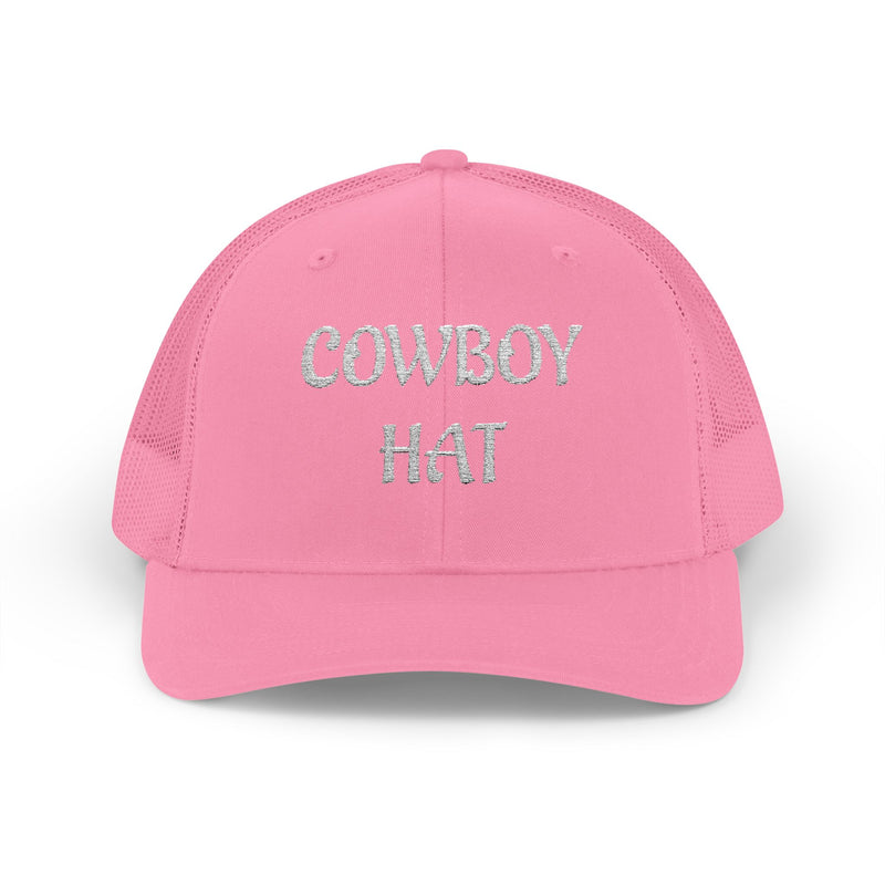 Pink trucker hat with 'Cowboy Hat' text on a white background.