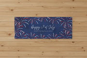 Custom patriotic “Happy 4th of July” matte banner with blue stripes and red and blue stars, 96x36 inches.
