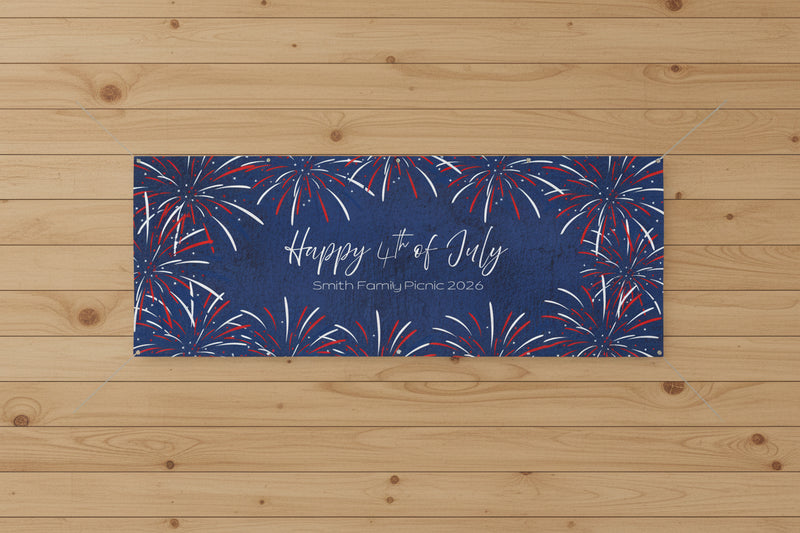 Custom patriotic “Happy 4th of July” matte banner with blue stripes and red and blue stars, 96x36 inches.