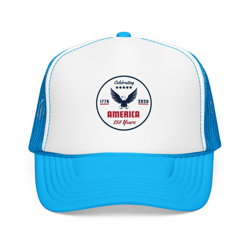 Light blue trucker hat with 'Celebrating America for 250 Years' design on a white background.