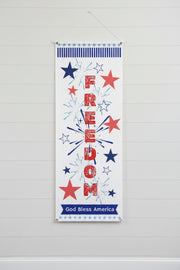 Patriotic vertical matte banner with red white and blue stars, fireworks and the word freedom 36x96 inches.