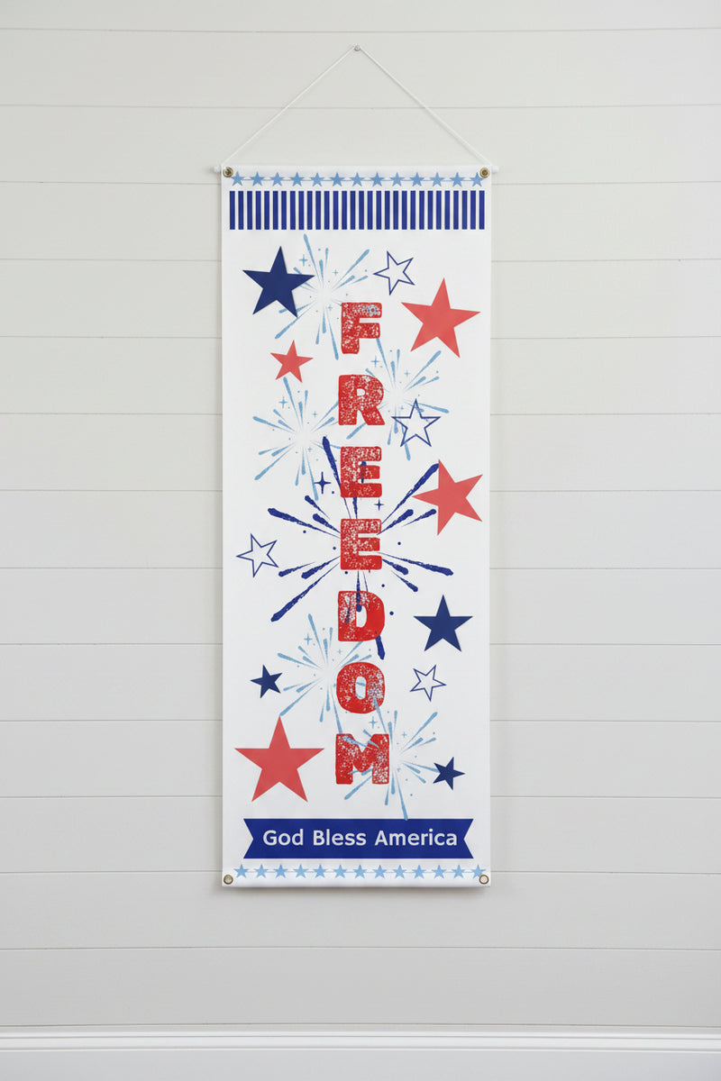 Patriotic vertical matte banner with red white and blue stars, fireworks and the word freedom 36x96 inches.