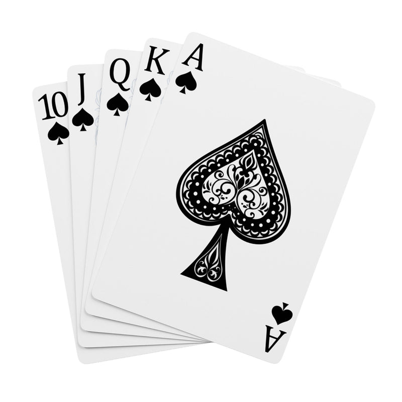 Customizable deck of playing cards fanned out showing royal flush of spades on a white background.