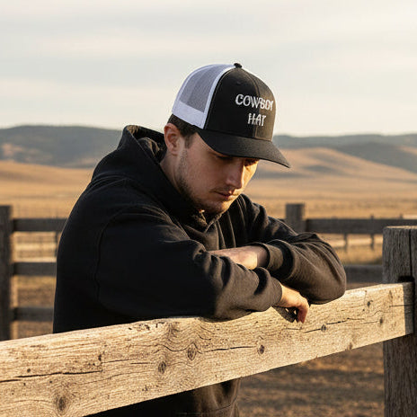 man wearing a black and white trucker hat with 'Cowboy Hat' text leaning against a fence. 