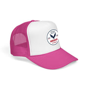 Hot pink trucker hat with 'Celebrating America for 250 Years' design displayed sideways on a white background.