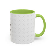 Side view of customizable white mug with green interior and "your image or design" placeholder on a white background.