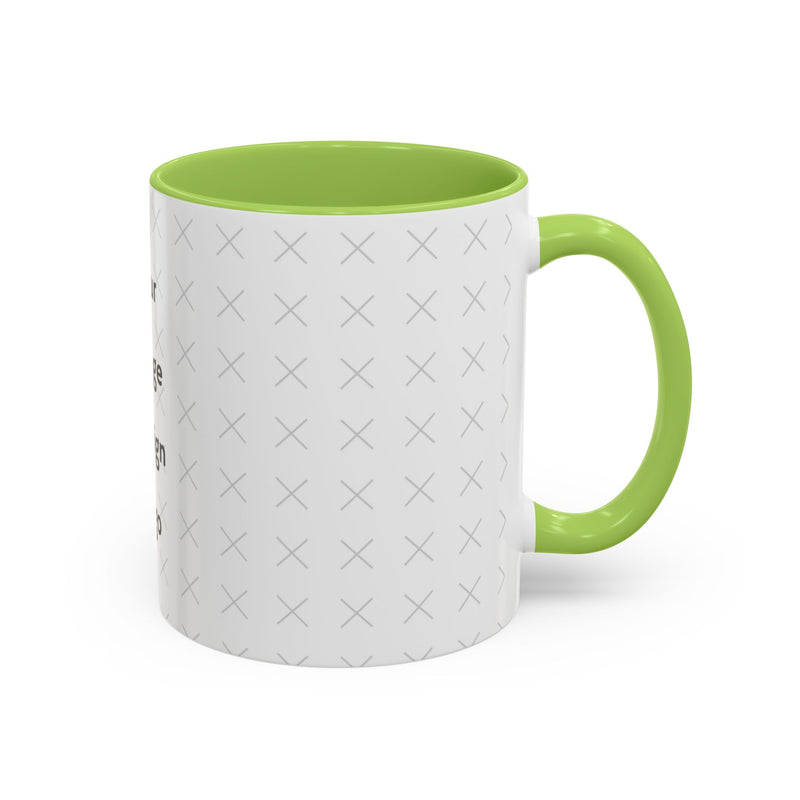 Side view of customizable white mug with green interior and "your image or design" placeholder on a white background.