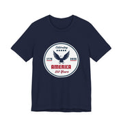 Navy blue t-shirt with 'Celebrating America 250 years' graphic and text against a white background.
