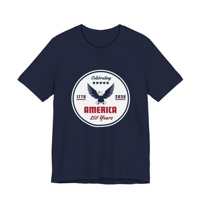 Navy blue t-shirt with 'Celebrating America 250 years' graphic and text against a white background.