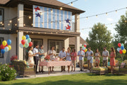 Patriotic “America the Beautiful” matte banner with blue stripes and red and blue stars hanging from house, 96x60 inches