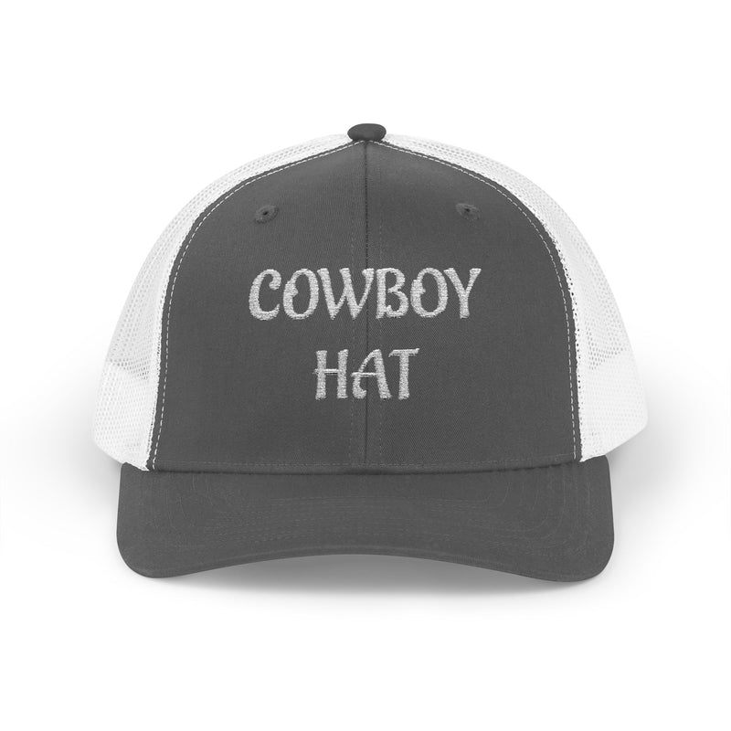 Grey and white  trucker hat with 'Cowboy Hat' text on a white background.