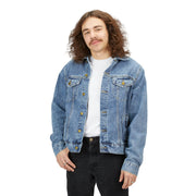 Person wearing a blue denim jacket on a white background