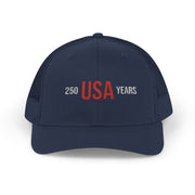 All navy blue trucker cap with 'USA 250 YEARS' text on a white background.