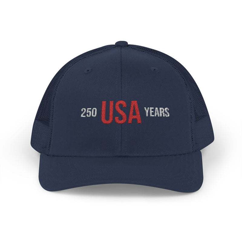 All navy blue trucker cap with 'USA 250 YEARS' text on a white background.