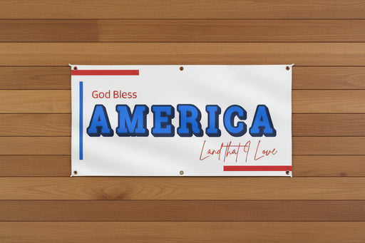 Patriotic “God Bless America” horizontal matte banner with blue stripes and red and blue stars, 72x36 and 48x24 inches.