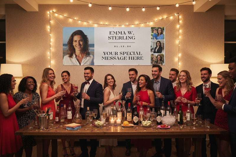 Custom matte photo banner with large portrait, three smaller photos, and space for name and special message hanging above a party table, 96x36 inches.