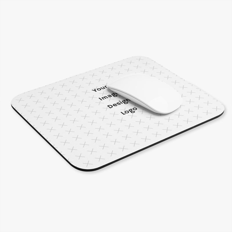 Customizable white mouse pad with a mouse on it with "your image or design" placeholder on a white background. 