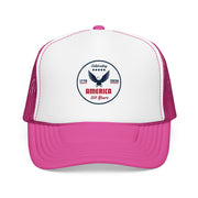 Hot pink trucker hat with 'Celebrating America for 250 Years' design on a white background.