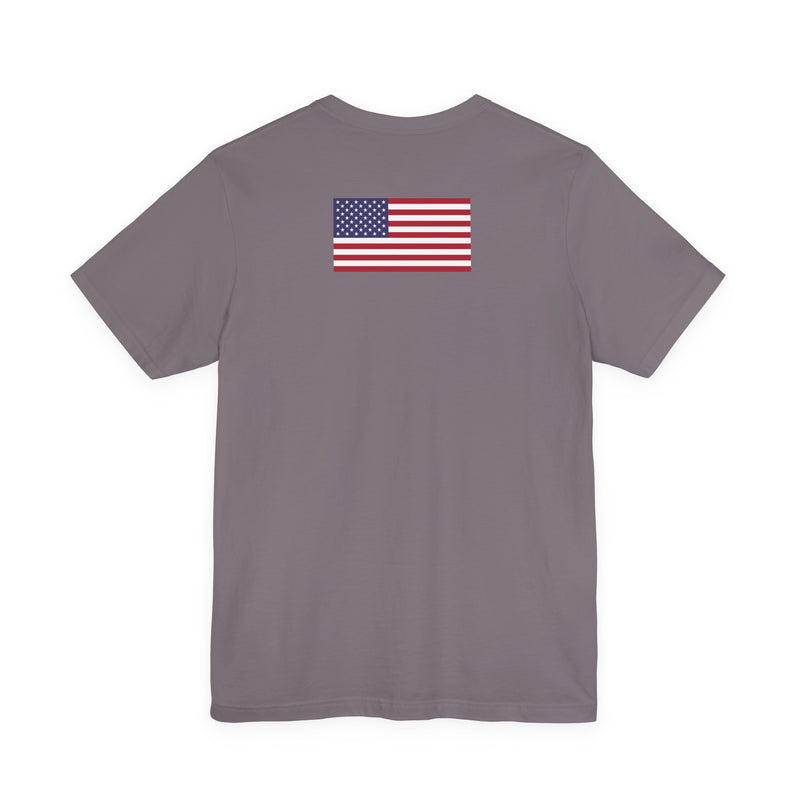 Back of a gray t-shirt with American flag on the back against a white background