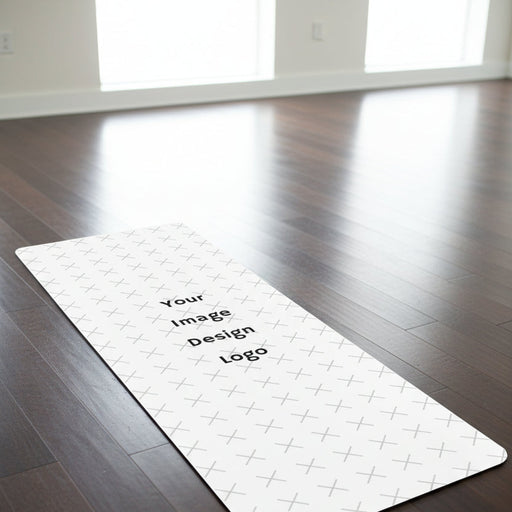 Customizable yoga mat with a "your image or design" placeholder on a yoa studio floor. 